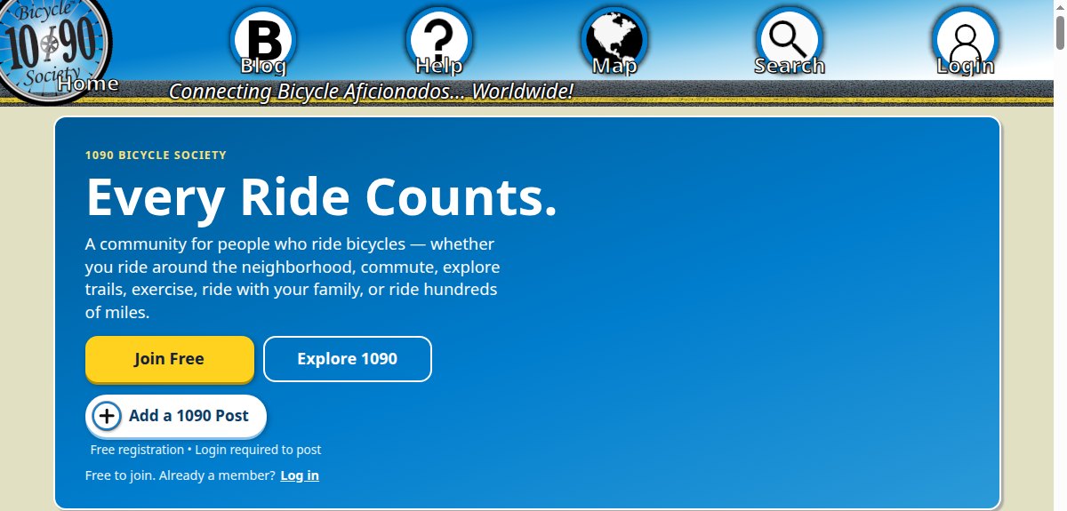 Home page banner reading Every Ride Counts, with Join Free, Explore 1090 and Add a 1090 Post buttons, and the note Free registration, Login required to post