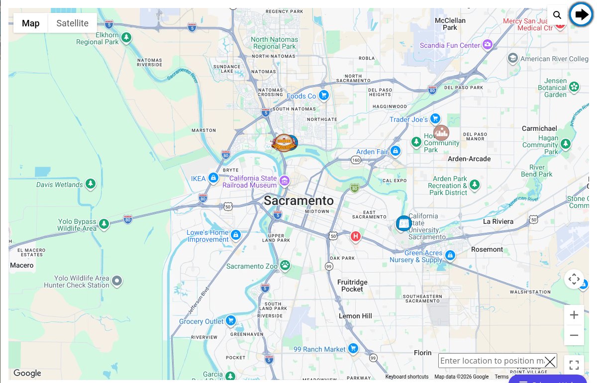 Full-screen community map with 1090 post markers, Map and Satellite buttons, zoom controls, full-screen button and the Enter location to position map box