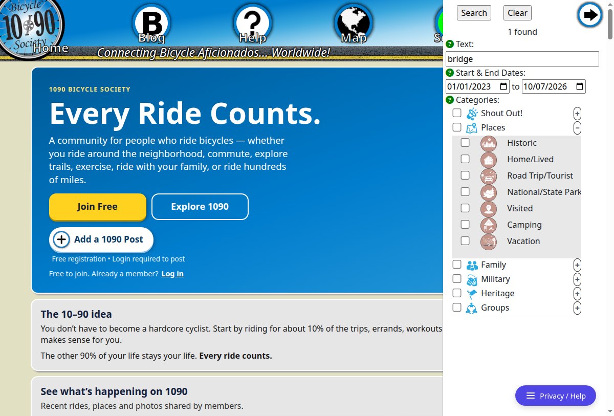 Search panel open beside the home page, with a text box, start and end dates, category checkboxes with plus buttons for subcategories, Search and Clear buttons, and a found count