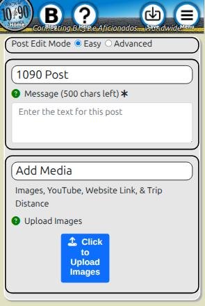 Easy mode post form on a phone, showing Post Edit Mode with Easy selected, a Message box with 500 characters left, and the Click to Upload Images button
