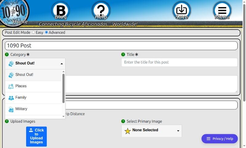 Advanced mode post form with the Category list open showing Shout Out, Places, Family and Military, plus Title, Message and Add Media sections