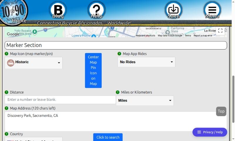 Map section of the post form with a category pin on the map, the Marker Section with Map Icon set to National/State Parks, and the Map App Rides list