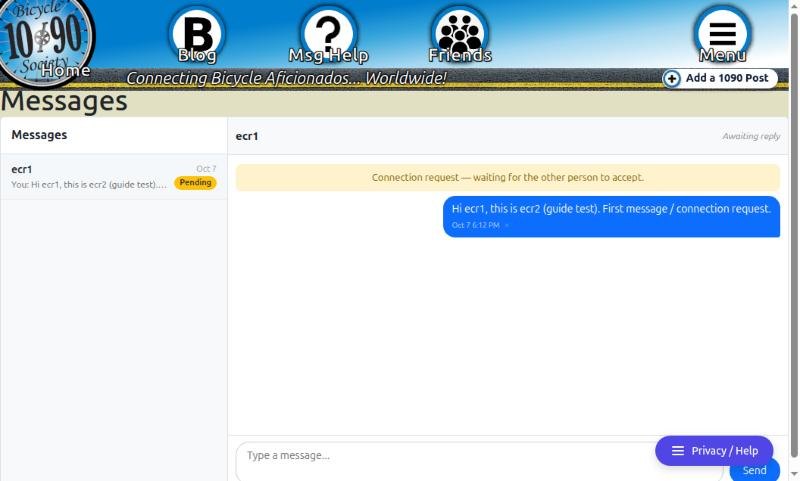 Messages page for the sender, with the conversation marked Pending, Awaiting reply in the header, and the notice Connection request, waiting for the other person to accept