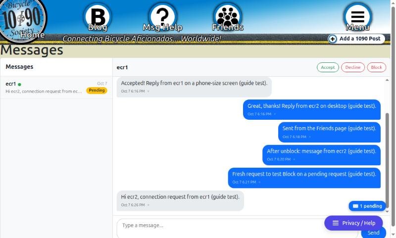 Messages page for the recipient, with a Pending conversation and Accept, Decline and Block buttons in the conversation header