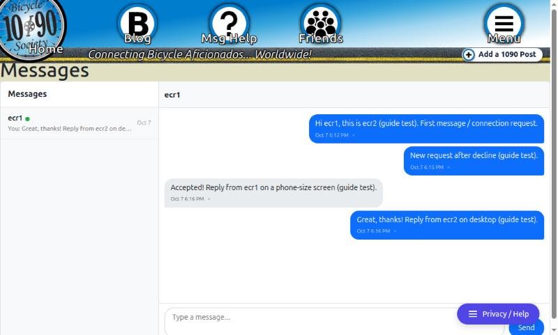 Messages page with the conversation list on the left, showing a member with a green online dot, and a chat on the right with sent messages in blue on the right and received messages in grey on the left, each with a time stamp