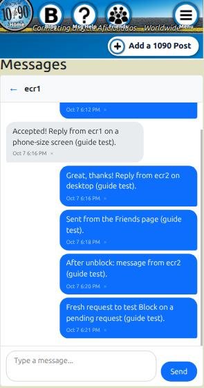 Messages on a phone, showing a single conversation with a back arrow next to the member name, message bubbles, and the message box with Send button