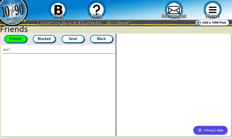 Friends page with Friends, Blocked, Send and Block buttons, the Friends tab highlighted in green, and one friend listed