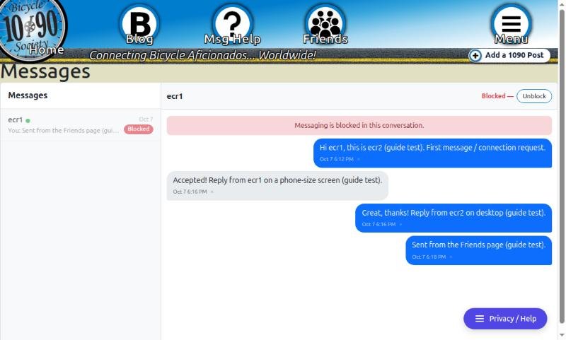 Blocked conversation with a red Blocked badge, Blocked and Unblock in the header, the notice Messaging is blocked in this conversation, and no message box